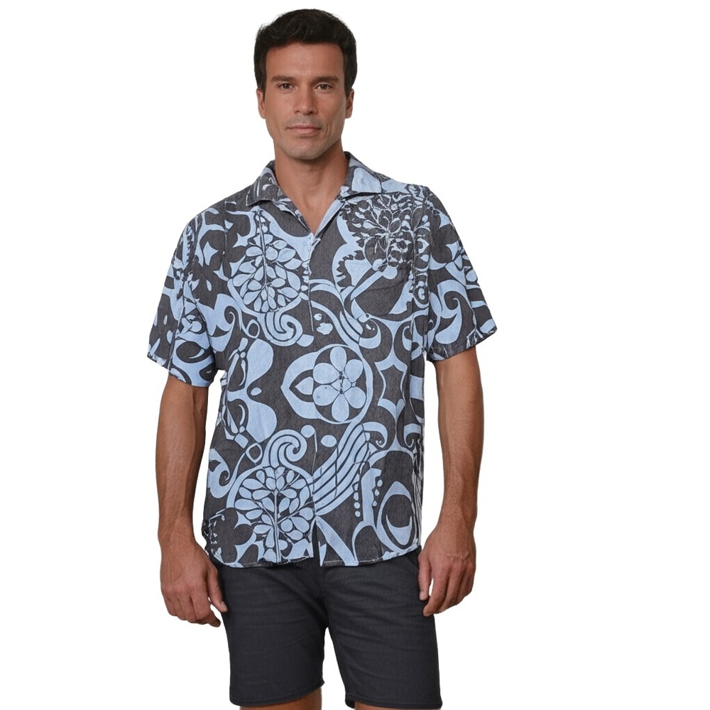 TOMMY BAHAMA Mens Short Sleeve Shirt Size M Blue Grey Patterned Silk‎ Tropical